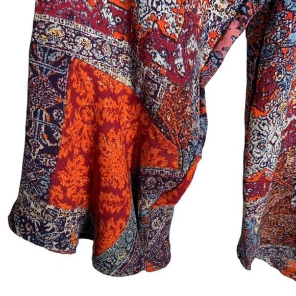 New Directions Boho Patchwork Blouse Large V-Neck Bell Sleeve Fall Top - Picture 5 of 10